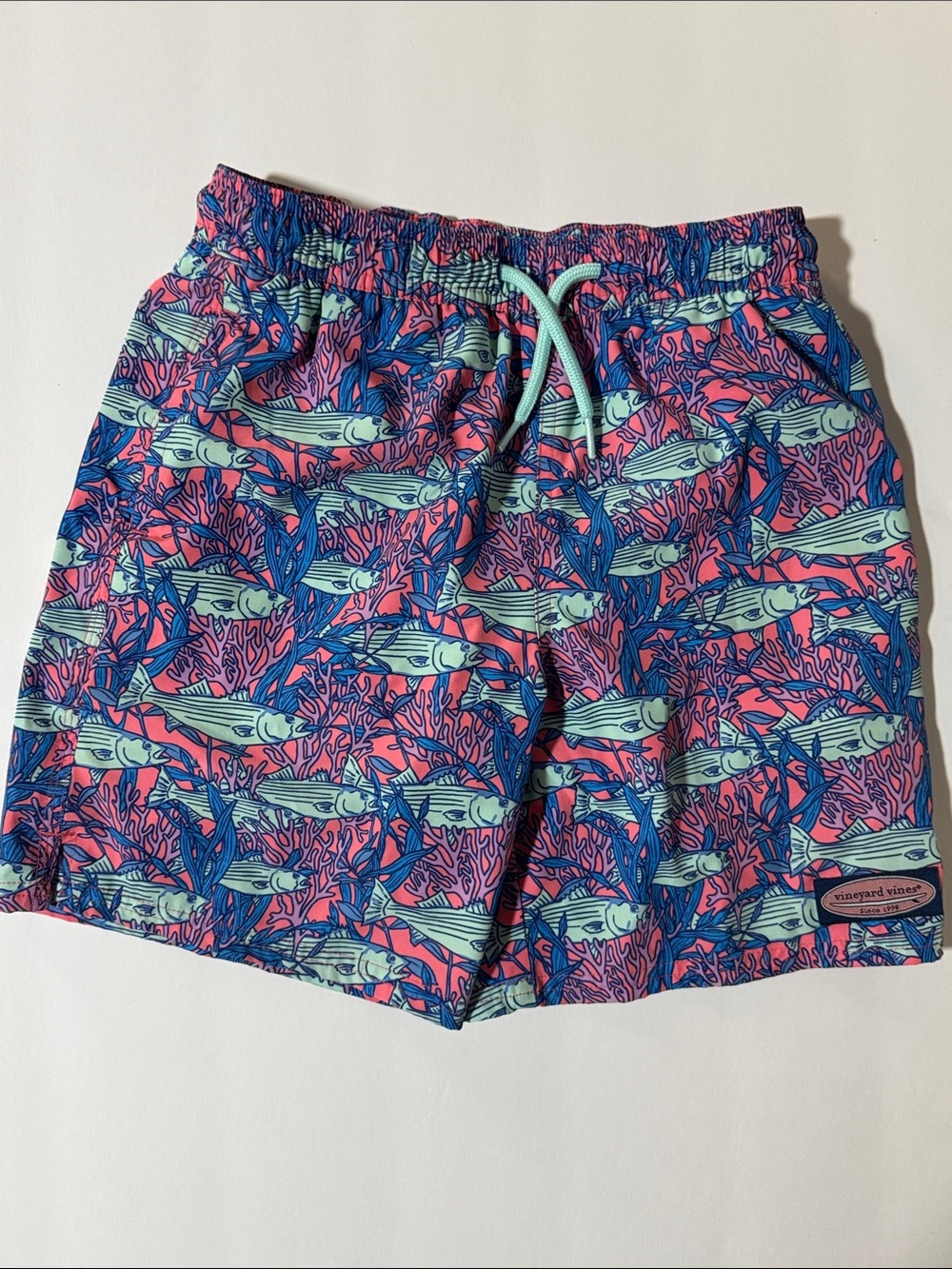 Vineyard Vines Pink, Blue & Mint Fish Print Swim Trunks Kids S